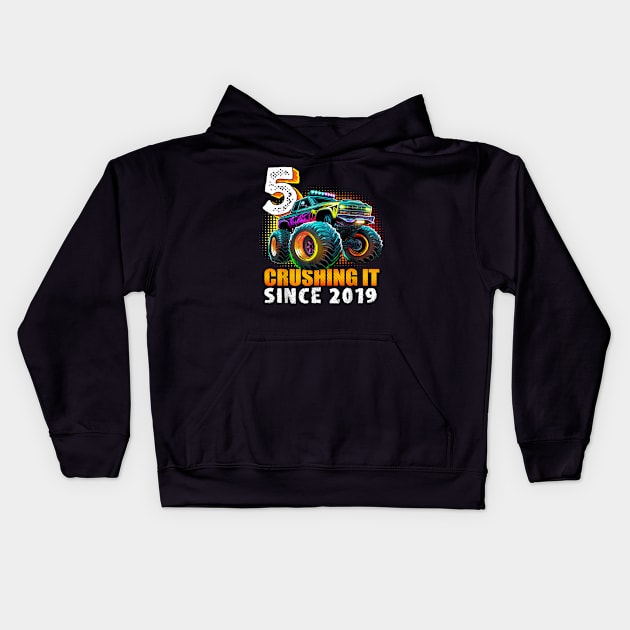 Monster Truck 5 Year Old Boys 5th Birthday Party Born 2019 Kids Hoodie by elmiragokoryan